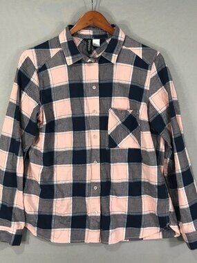 Divided Shirt Women's Small Blue Pink Check Button Up Long Sleeve Pocket H&M